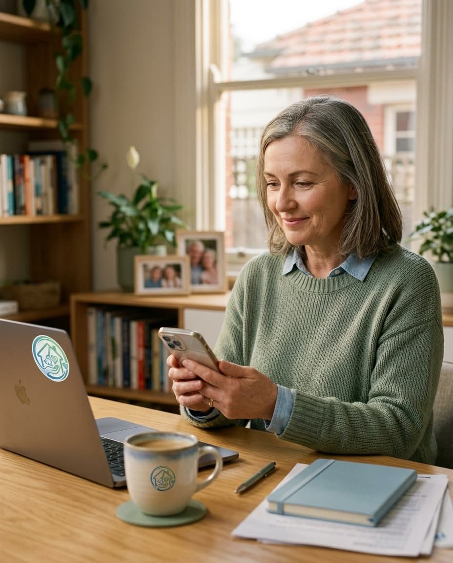 A woman smiling as she reads a visit report on her phone