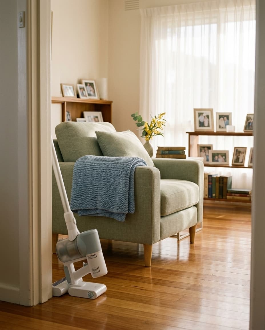 A freshly cleaned living room with a cordless vacuum resting by the door